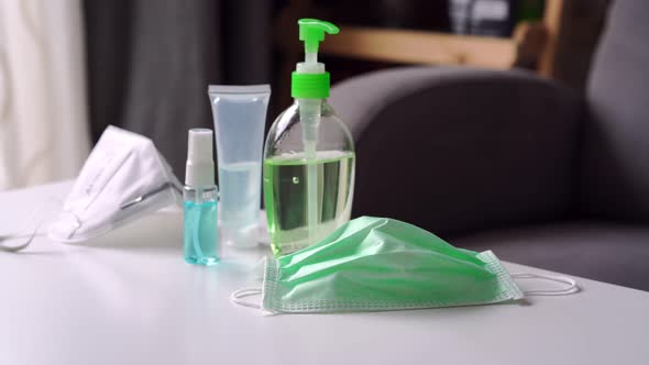 Alcohol gel sanitizer pump and surgical mask, avoid infections corona virus and bacteria at home