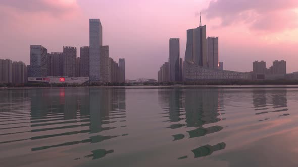 Sunset Over Swan Lake Financial Business District, Hefei City, China