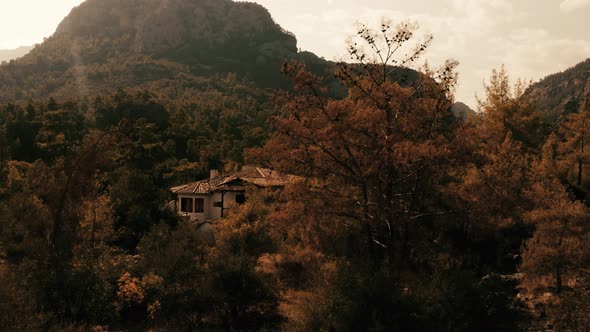 Landscape with Forest Mountains and Big Modern House on Autumn Day alt