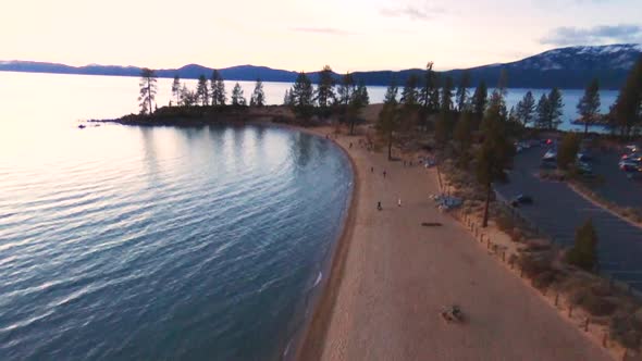 Aerial view of beach at evening in Lake Tahoe, NV, USA alt