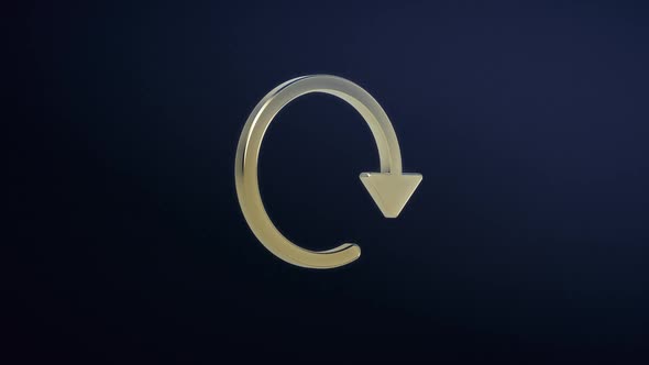Golden Icon. Arrow Clockwise Rotate Around it Axis on a Dark Blue Studio Background. Seamless Loop.  alt