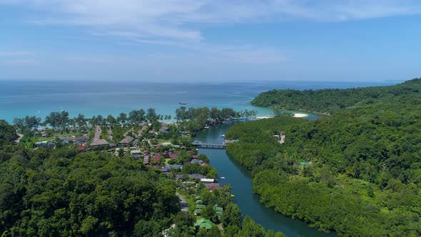 Drone shot of estuary on tropical island. Koh kood island.  FLY FORWARD alt