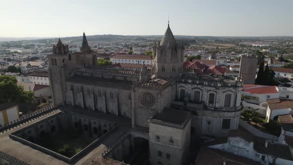Roman Catholic Cathedral of Evora. Architectural landmark building. Aerial view