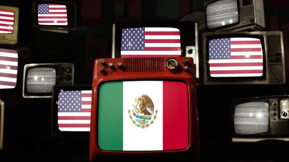 Mexico flag and US Flags on Retro TVs. alt