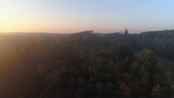 Flying Up Over Misty Swamp Landscape at Sunrise