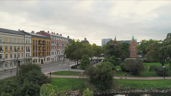 Malmoe old town buildings and park with pond, Malmoe, Scania, Sweden