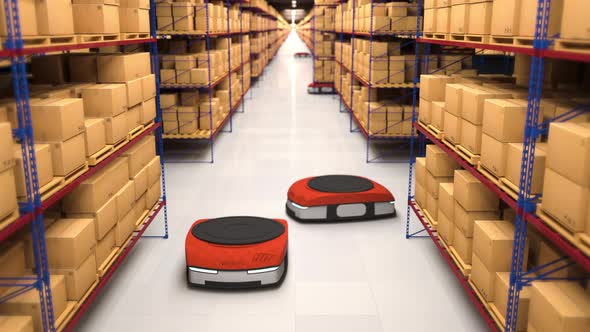Autonomous robots moving shelves with cardboard boxes in automated warehouse. Seamless looping. Auto