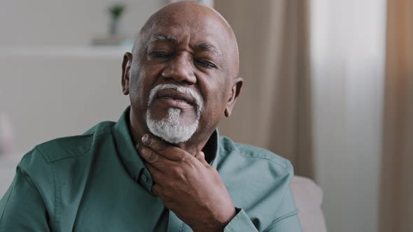 Sick African Old Man Suffer From Sore Throat Painful Tonsillitis Irritation Senior Male Indoor Check alt