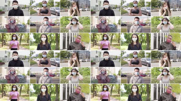 Compilation  Group of Multicultural People with Face Mask Takes Off Face Masks and Looks to Camera alt