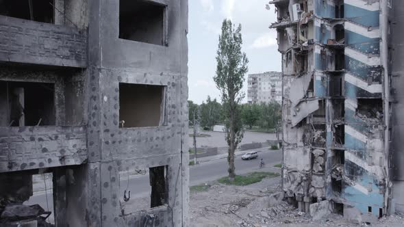 Aerial View of the Building Destroyed By the War in Borodyanka Ukraine alt