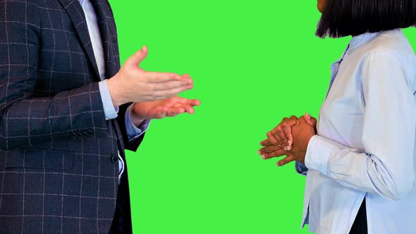Colleagues or Diverse Business Partners Discuss Project Gesturing Businessman and Woman Talking on a alt