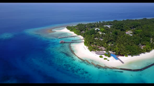 Aerial drone view nature of perfect shore beach journey by blue sea and white sand background of a d alt