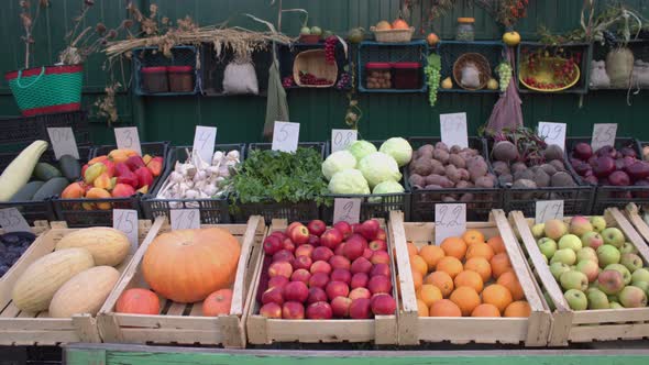 Vegetables and Fruits on the Market Counter. alt
