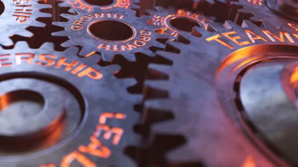 Closeup on working metallic gears with glowy terms connected to the business.
