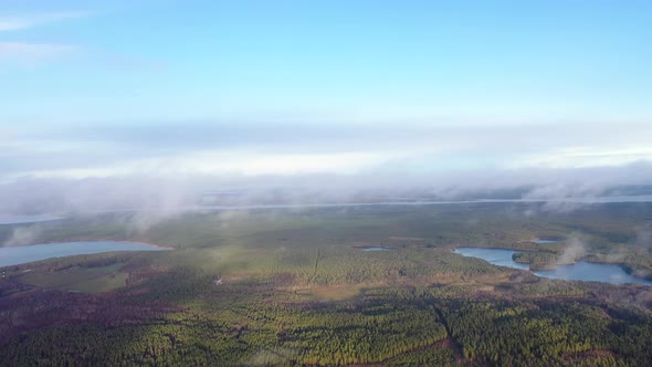 Aerial view running clouds over green forest and lake.