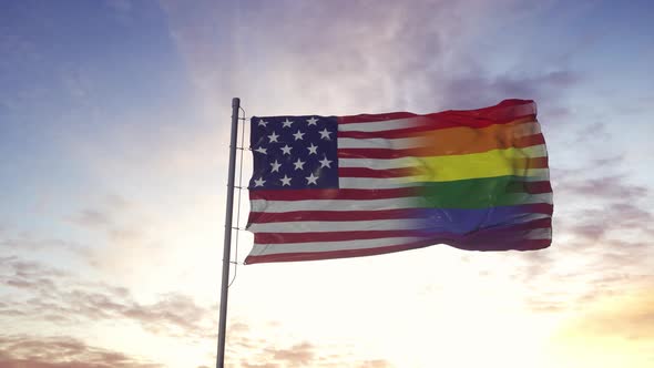 Waving national flag of USA and LGBT rainbow flag background alt