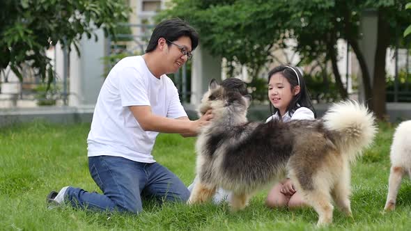 Happy Asian Family Playing With Siberian Husky Dog In The Garden alt