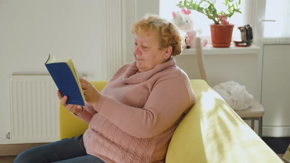Old Fat Woman Relaxing on Comfortable Sofa Reading Paper Book at Home alt
