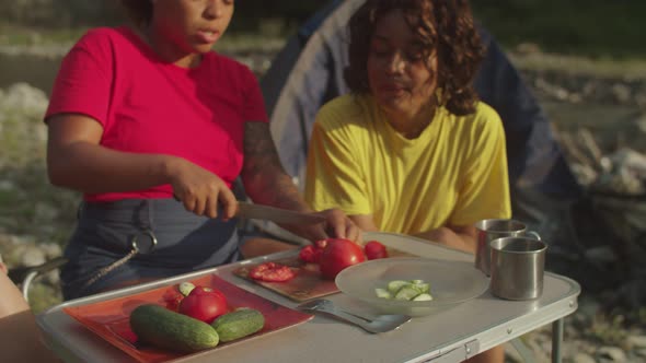 Lovely Multiethnic Female Tourists Preparing Camping Meal at Campsite on Mountain Hiking alt