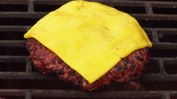 Closeup of the Juicy Meat Burger Cutlet with Cheddar Cheese on the Grill alt