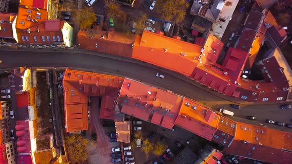 VILNIUS, LITHUANIA - Aerial View of Cars Driving in Narrow Streets alt