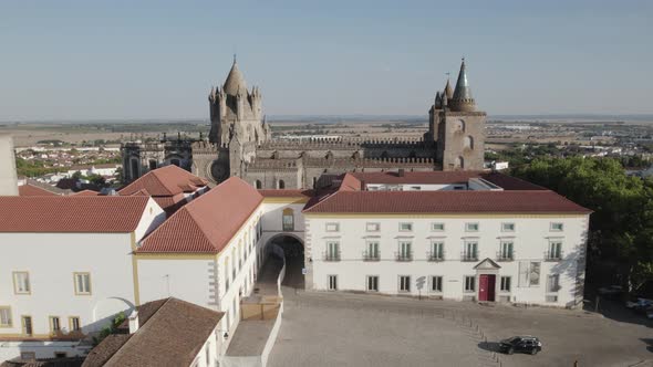 Aerial pullback evora historic downtown, Cathedral and the Diana Temple Landmarks