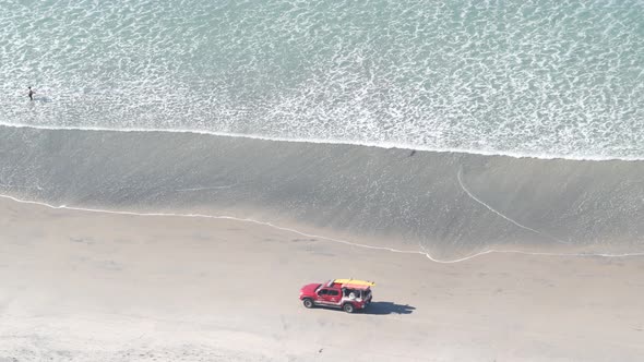 Lifeguard Red Pickup Truck Life Guard Auto on Sand California Ocean Beach USA