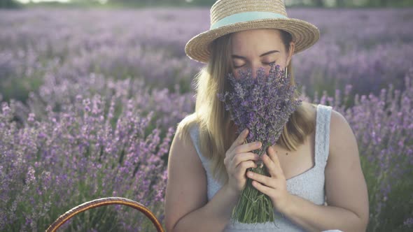 Closeup Portrait of Smiling Girl Sniffing Lavender Bouquet in Summer ...