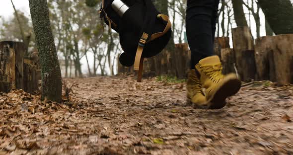 Woman's legs in boots walking outdoors in the forest, wood, holding travel alt