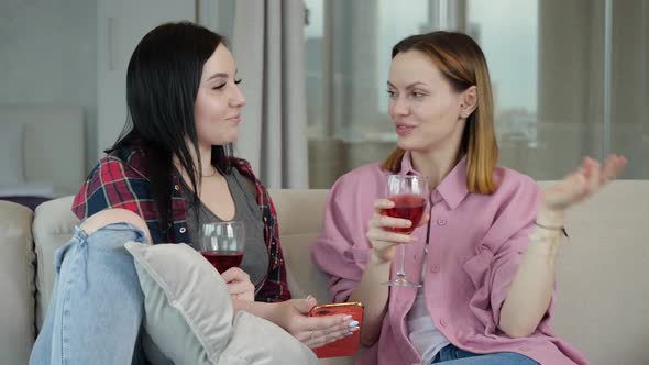 Two Friends Have Fun Talking Drinking Wine and Discussing Work