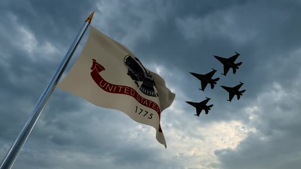 Waving United States Airforce Military Flag and Group of Warplanes Flying alt