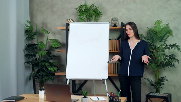 Businesswoman coach greets talk teaches students online webcam video call laptop alt