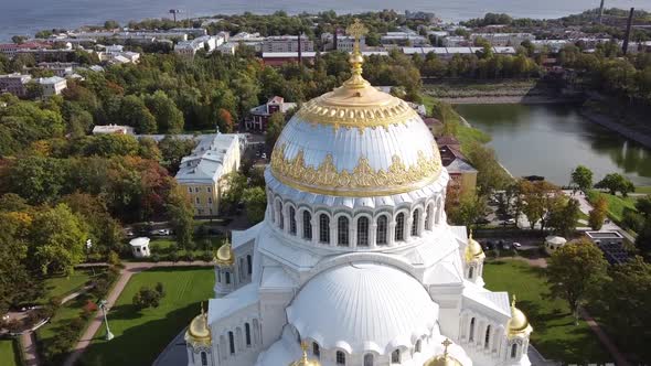 Aerial View of Orthodox Naval Cathedral of St. Nicholas. Built in 1903-1913. Kronshtadt, St