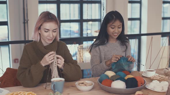 Attractive girls at knitting alt