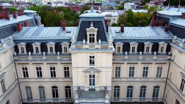 Aerial drone view of a flying over the old palace. alt