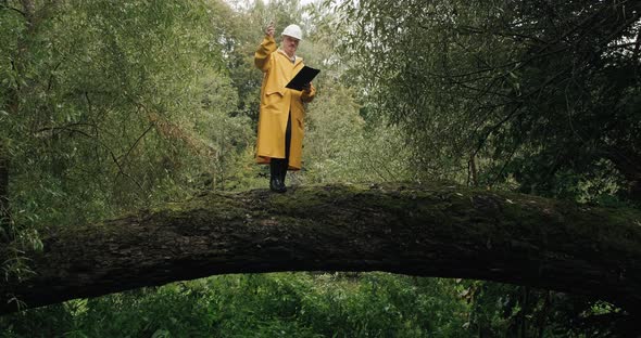 Ecologist Man in Helmet Stands on Fallen Tree and Shows Workers How to Cut It alt