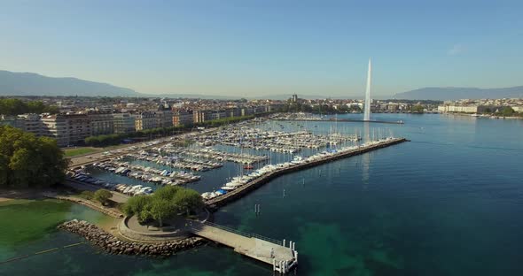 Geneva aerial drone, spring morning period with waterfountain 4K