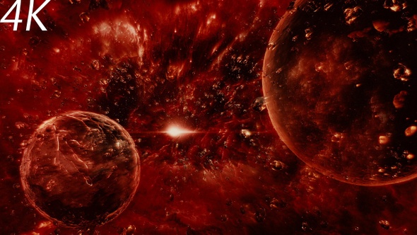 Abstract Dark Red Space Scene with Planets and Asteroids