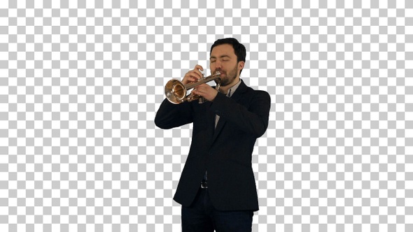 Portrait of a young man playing his Trumpet, Alpha Channel
