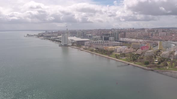 Aerial of the riverside with Vasco da Gama Tower