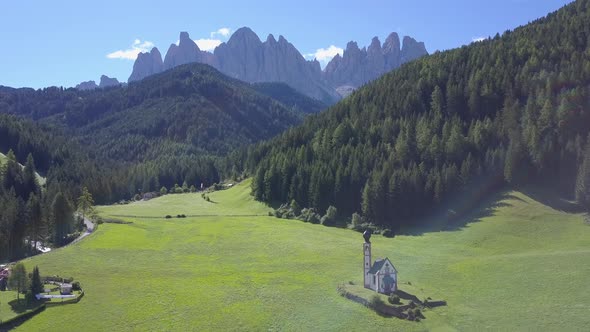 Aerial travel drone view of South Tyrol, Italy and the Dolomites mountains. alt