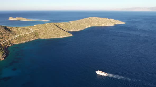 Aerial View of a Pleasure Boat with Tourists. Elounda, Crete, Greece