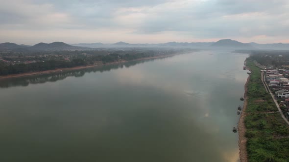 Aerial view of the Mekong river and the city by drone