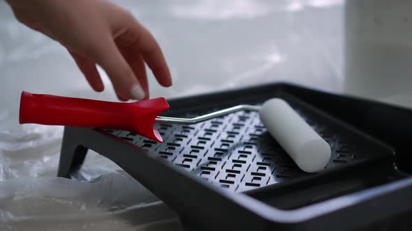 Closeup Painting Roller in Tray with Female Caucasian Hand Taking Equipment Leaving alt