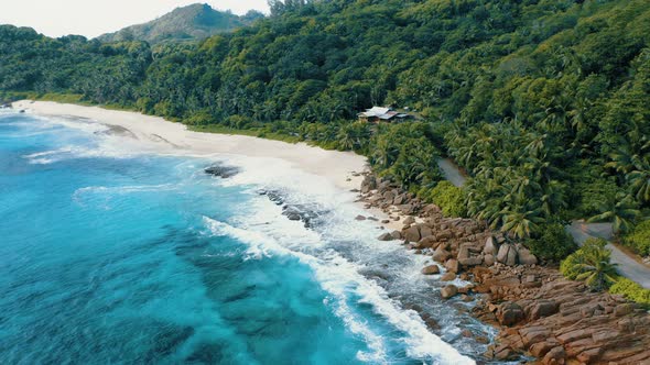 Epic Aerial Drone  Flight Towards Tropical Paradise Anse Bazarca Beach on Mahe Island alt