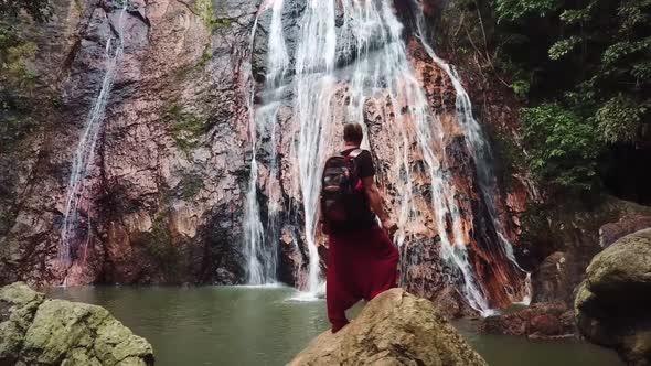 Namaung Waterfall Landscape on Koh Samui in Thailand and Figure Man