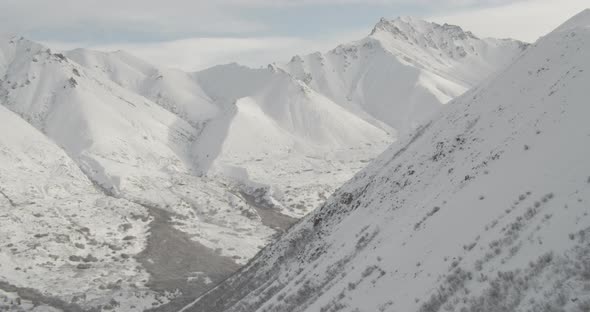 Aerial helicopter dolly-zoom shot of barren Alaskan forest at golden hour, mountains in background,  alt