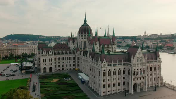 Aerial Establishing View of Budapest Cityscape with Landmark Hungary Parliament