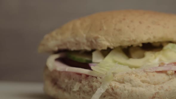 Ham salad sandwich already prepared panning shot close up alt