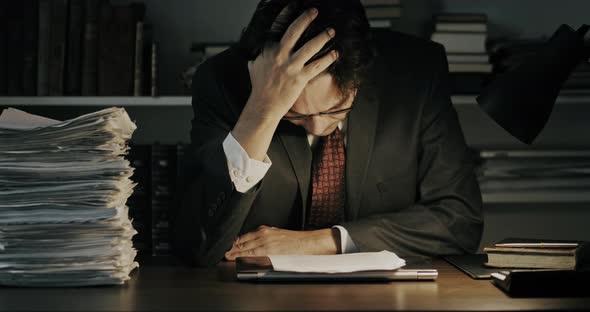 Stressed Businessman Overloaded with Work in His Office